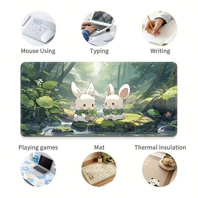 Alt view image 3 of 6 - Bks Extra Large Gaming Desk Mat With Cute Anime Rabbit & Forest Night Scene - Non-Slip Rubber Base, Surface, Sewn Edges - Green Landscape Computer Keyboard & Mouse Pad For PC, Office, Home, Teens, Ani
