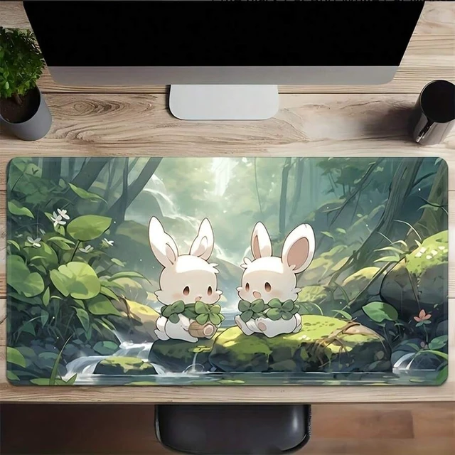 Alt view image 4 of 6 - Bks Extra Large Gaming Desk Mat With Cute Anime Rabbit & Forest Night Scene - Non-Slip Rubber Base, Surface, Sewn Edges - Green Landscape Computer Keyboard & Mouse Pad For PC, Office, Home, Teens, Ani