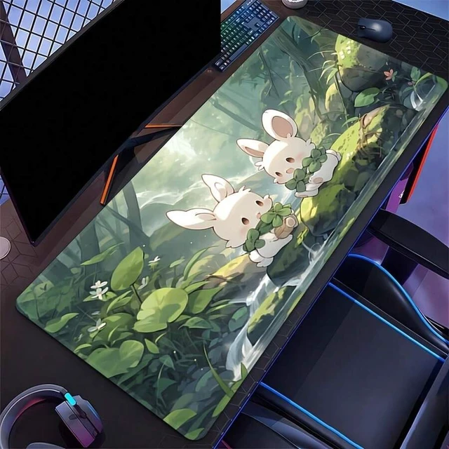 Alt view image 6 of 6 - Bks Extra Large Gaming Desk Mat With Cute Anime Rabbit & Forest Night Scene - Non-Slip Rubber Base, Surface, Sewn Edges - Green Landscape Computer Keyboard & Mouse Pad For PC, Office, Home, Teens, Ani