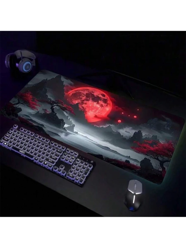 Alt view image 3 of 5 - Bks Blood Moon XL Mouse Pad 80x30cm Aesthetic Art Desk Mat Non-Slip Rubber Base Stitched Edge Gaming Keyboard Pad