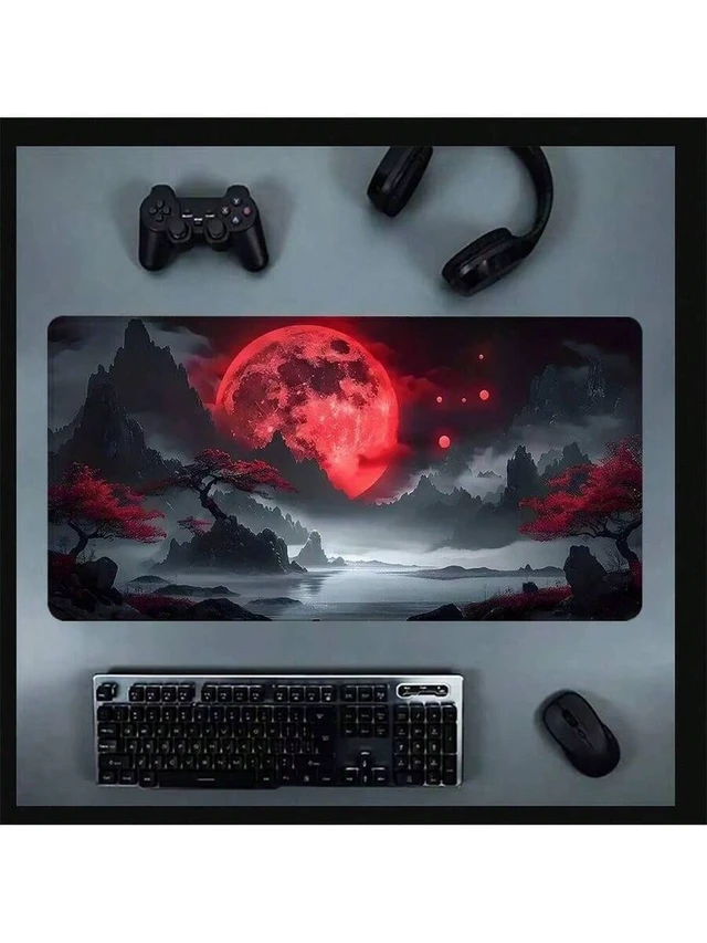 Alt view image 4 of 5 - Bks Blood Moon XL Mouse Pad 80x30cm Aesthetic Art Desk Mat Non-Slip Rubber Base Stitched Edge Gaming Keyboard Pad