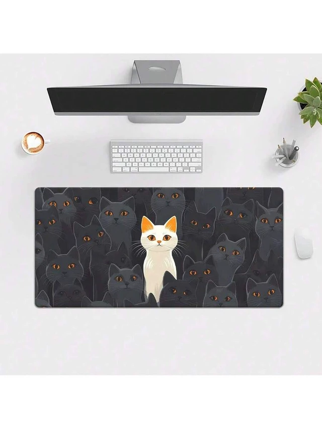 Alt view image 2 of 7 - Bks XXL Gaming Mouse Pad with Cat Design, Rubber Desk Mat for PC Office Keyboard White Black