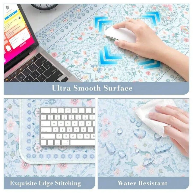 Alt view image 2 of 6 - Bks Floral Desk Mat For Keyboard And Mouse, Large Laptop Mouse Pad, Waterproof Makeup Mat, Cute Desktop Mat For Home, Desk Skirts For Teacher Desk, Desk Mat For Dorm(Blue)