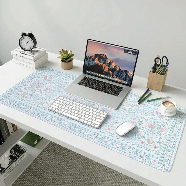 Alt view image 4 of 6 - Bks Floral Desk Mat For Keyboard And Mouse, Large Laptop Mouse Pad, Waterproof Makeup Mat, Cute Desktop Mat For Home, Desk Skirts For Teacher Desk, Desk Mat For Dorm(Blue)