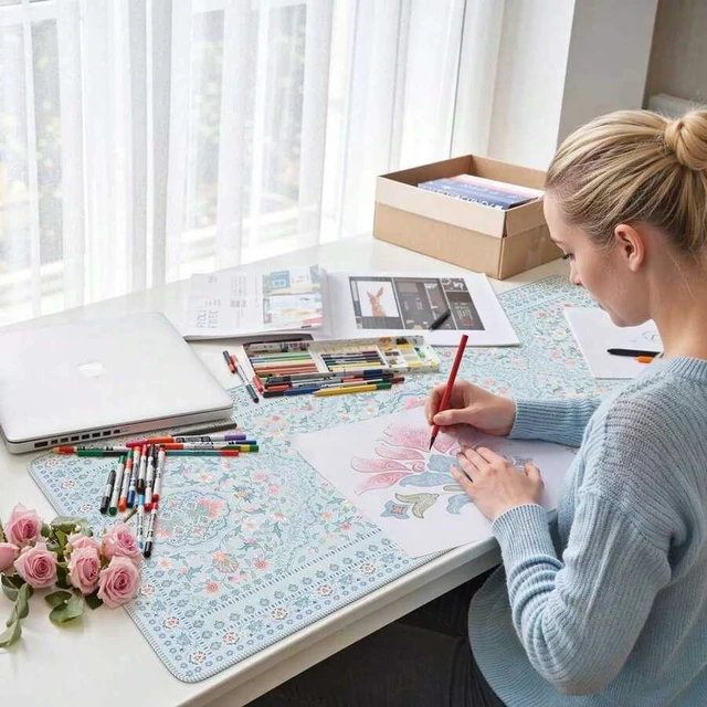 Alt view image 5 of 6 - Bks Floral Desk Mat For Keyboard And Mouse, Large Laptop Mouse Pad, Waterproof Makeup Mat, Cute Desktop Mat For Home, Desk Skirts For Teacher Desk, Desk Mat For Dorm(Blue)