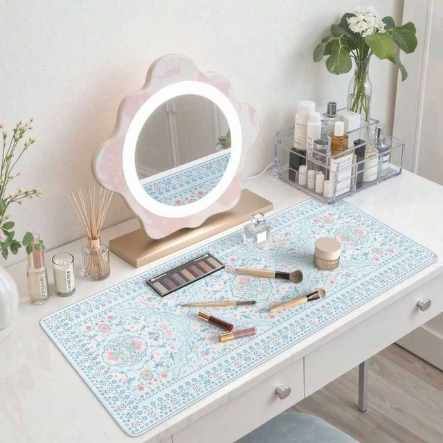 Alt view image 6 of 6 - Bks Floral Desk Mat For Keyboard And Mouse, Large Laptop Mouse Pad, Waterproof Makeup Mat, Cute Desktop Mat For Home, Desk Skirts For Teacher Desk, Desk Mat For Dorm(Blue)
