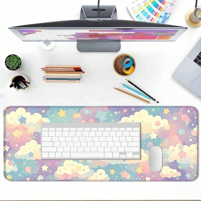 Alt view image 3 of 5 - Bks Extended Large Gaming Mouse Pad, Watercolor Pink Cloud Star Design, Non-Slip Rubber Base, Kawaii Desk Mat for Laptop and Computer