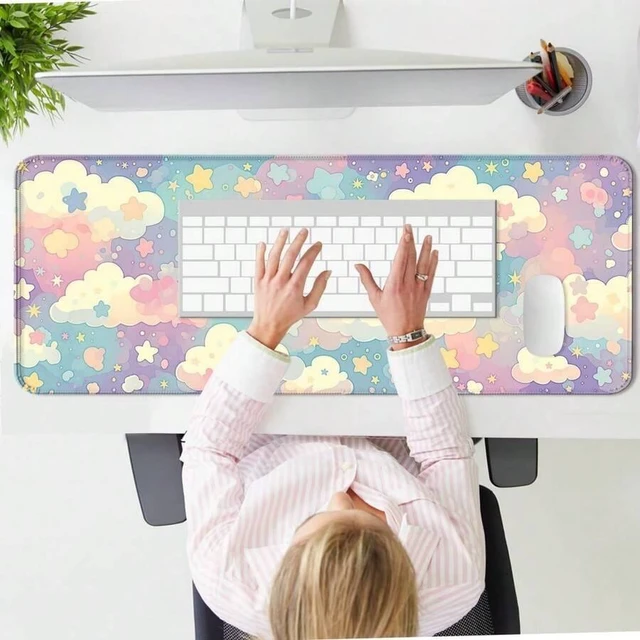 Alt view image 5 of 5 - Bks Extended Large Gaming Mouse Pad, Watercolor Pink Cloud Star Design, Non-Slip Rubber Base, Kawaii Desk Mat for Laptop and Computer