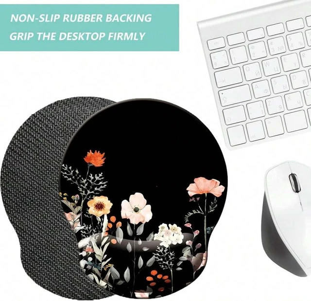 Alt view image 4 of 7 - Bks Ergonomic Mouse Pad With Memory Foam Wrist Rest, Non-Slip Rubber Base Gaming Mat For Home Office Computer Laptop, Flower Black