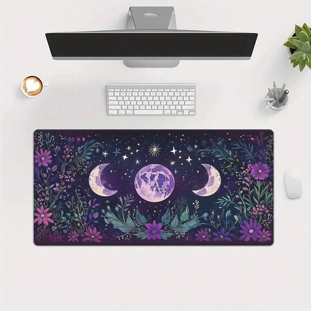 Main image of Bks Gaming Mouse Pad 23.6x13.8in Purple Moon Flowers Non-Slip Rubber Base Waterproof Desk Mat For PC Laptop Office Setup