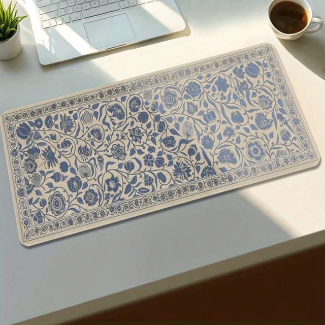Alt view image 2 of 6 - Bks 60cm*35cm*3mm Elegant Floral Blue Beige Vintage Mouse Pad Extended Desk Mat With Rubber Base Stitched Edges For Office Gaming