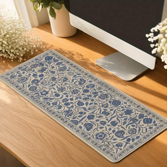 Alt view image 4 of 6 - Bks 60cm*35cm*3mm Elegant Floral Blue Beige Vintage Mouse Pad Extended Desk Mat With Rubber Base Stitched Edges For Office Gaming