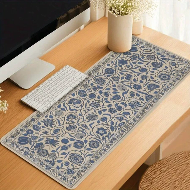 Alt view image 3 of 6 - Bks 60cm*35cm*3mm Elegant Floral Blue Beige Vintage Mouse Pad Extended Desk Mat With Rubber Base Stitched Edges For Office Gaming