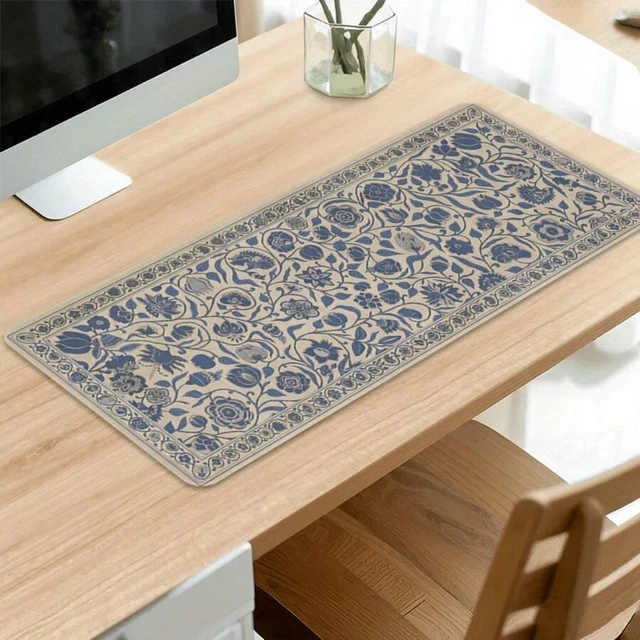 Alt view image 5 of 6 - Bks 60cm*35cm*3mm Elegant Floral Blue Beige Vintage Mouse Pad Extended Desk Mat With Rubber Base Stitched Edges For Office Gaming