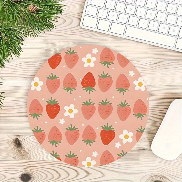 Alt view image 5 of 7 - Bks Round Mouse Pad with Strawberry Floral Design, Smooth PU Leather Surface for Gaming and Office Desktop Use
