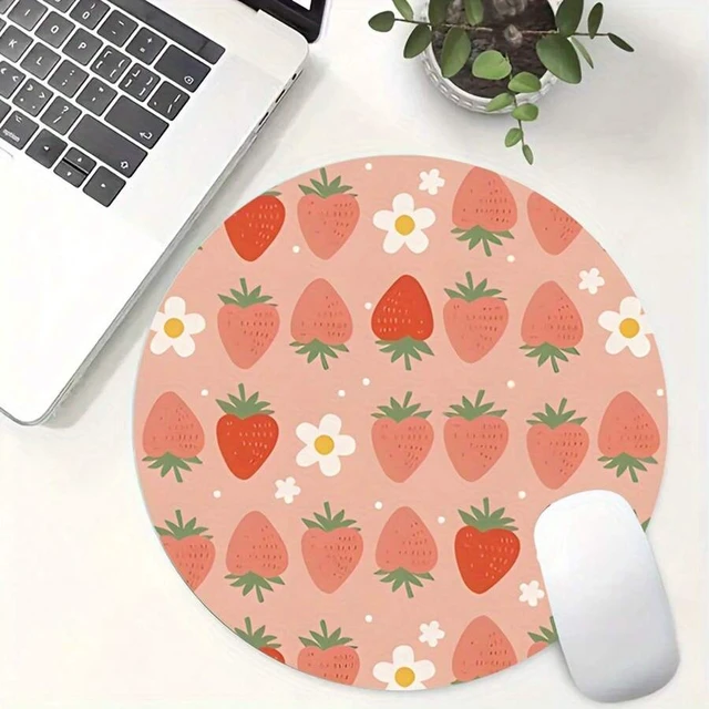 Alt view image 4 of 7 - Bks Round Mouse Pad with Strawberry Floral Design, Smooth PU Leather Surface for Gaming and Office Desktop Use