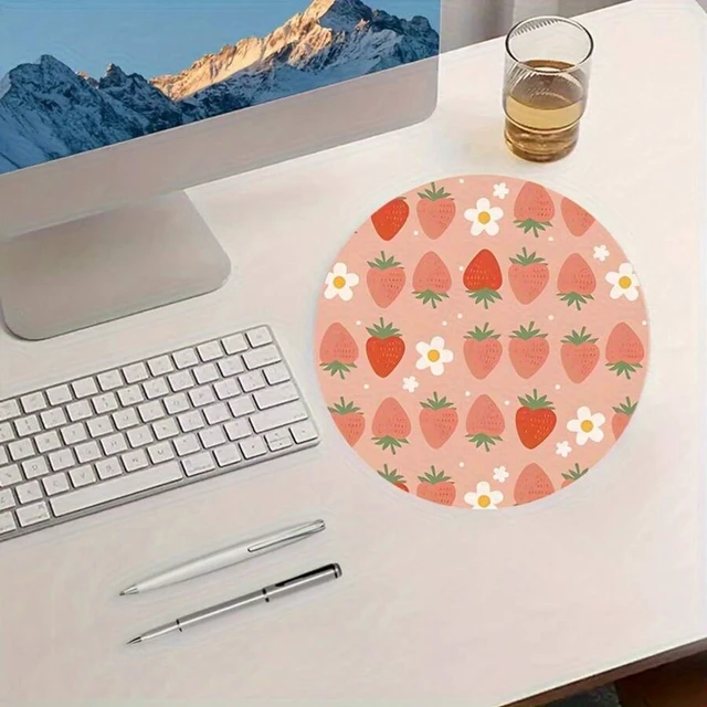 Alt view image 6 of 7 - Bks Round Mouse Pad with Strawberry Floral Design, Smooth PU Leather Surface for Gaming and Office Desktop Use