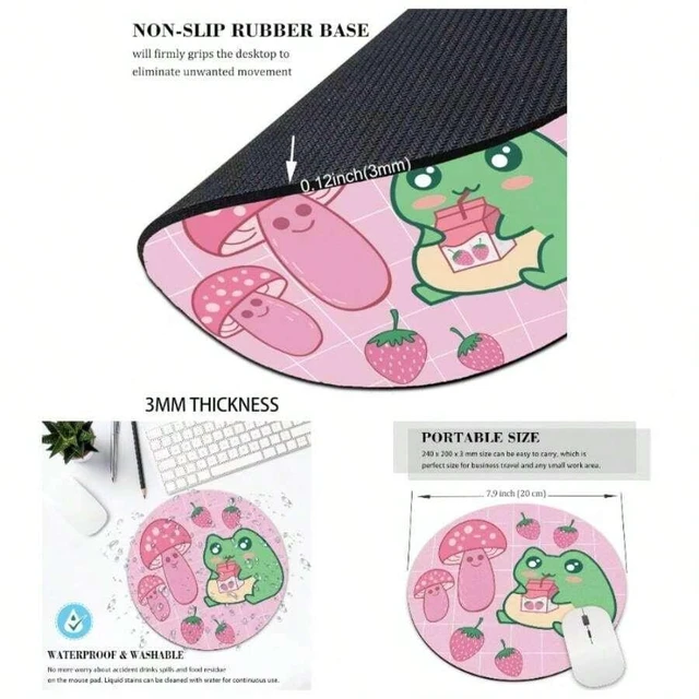Main image of Bks Round Mouse Pad Pink Mushroom Strawberry Design Aesthetic Preppy Office Laptop Wireless Travel Small Portable Gaming Desk Mat