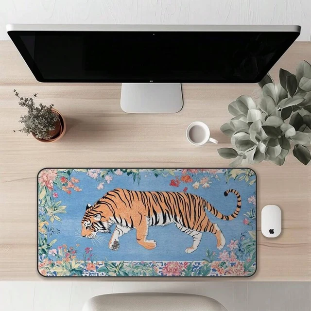 Alt view image 3 of 7 - Bks Vintage Tiger Floral Desk Mat, Cottagecore Office And Gaming Desk Accessories, Aesthetic Keyboard Mouse Pad, Gifts For Her, Girl Gamer