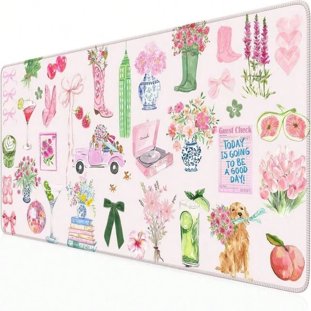 Main image of Bks Pink Pastel Floral Desk Mat XXL Large Mouse Pad Aesthetic Office Decor For Women Girl Teacher