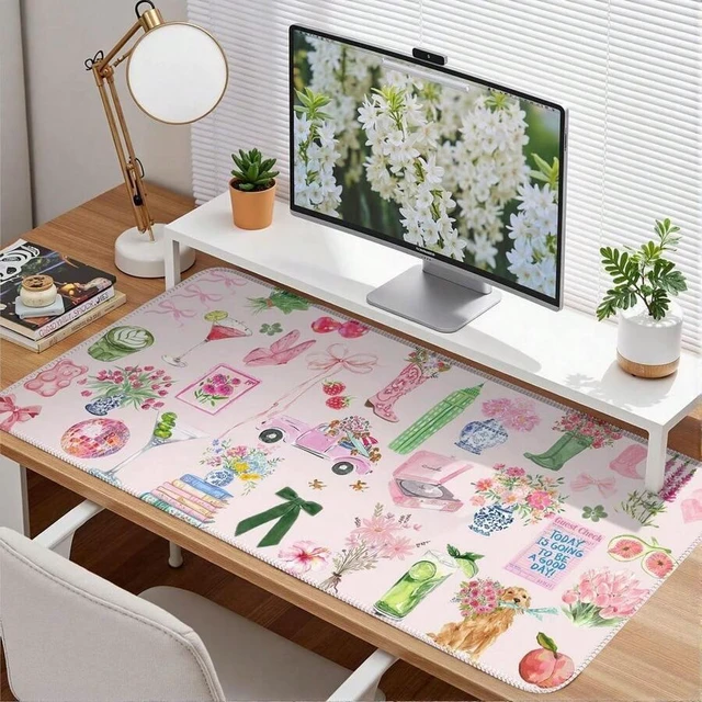 Alt view image 2 of 6 - Bks Pink Pastel Floral Desk Mat XXL Large Mouse Pad Aesthetic Office Decor For Women Girl Teacher