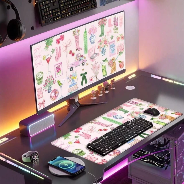 Alt view image 3 of 6 - Bks Pink Pastel Floral Desk Mat XXL Large Mouse Pad Aesthetic Office Decor For Women Girl Teacher