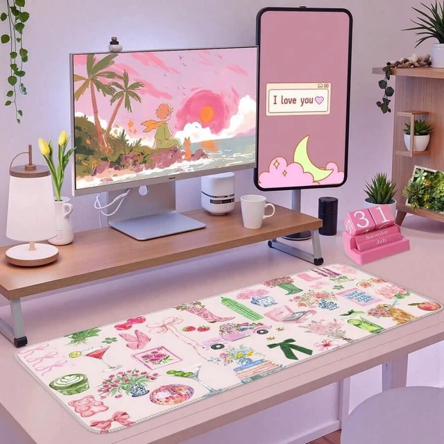 Alt view image 5 of 6 - Bks Pink Pastel Floral Desk Mat XXL Large Mouse Pad Aesthetic Office Decor For Women Girl Teacher