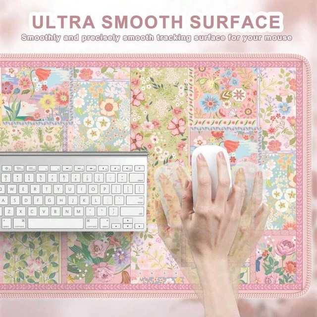 Alt view image 2 of 6 - Bks Pink Floral Desk Mat For Keyboard And Mouse, Large Anti-Slip Mouse Pad With Stitched Edges For Computer