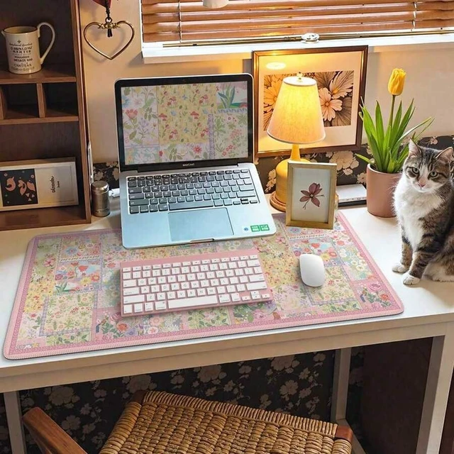 Alt view image 5 of 6 - Bks Pink Floral Desk Mat For Keyboard And Mouse, Large Anti-Slip Mouse Pad With Stitched Edges For Computer