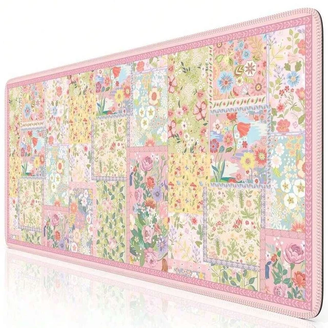 Main image of Bks Pink Floral Desk Mat For Keyboard And Mouse, Large Anti-Slip Mouse Pad With Stitched Edges For Computer