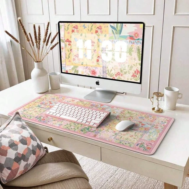 Alt view image 6 of 6 - Bks Pink Floral Desk Mat For Keyboard And Mouse, Large Anti-Slip Mouse Pad With Stitched Edges For Computer