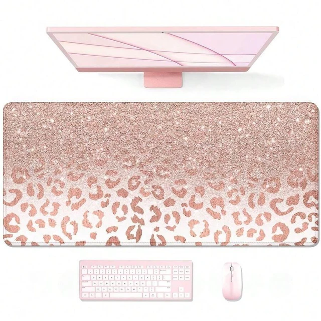 Main image of Bks Large Mouse Pad XXL Desk Pad Non-Slip Rubber Base Stitched Edges Waterproof Gaming Keyboard Mat Pink Gold Leopard
