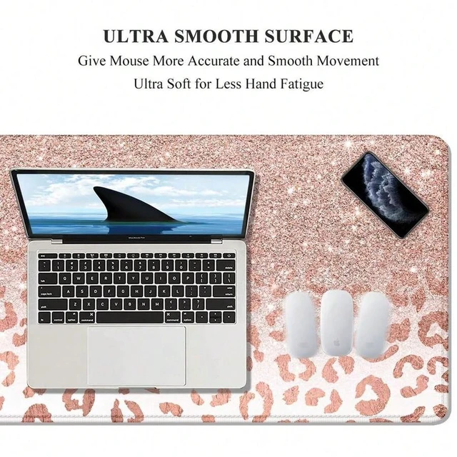 Alt view image 2 of 6 - Bks Large Mouse Pad XXL Desk Pad Non-Slip Rubber Base Stitched Edges Waterproof Gaming Keyboard Mat Pink Gold Leopard