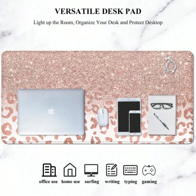 Alt view image 6 of 6 - Bks Large Mouse Pad XXL Desk Pad Non-Slip Rubber Base Stitched Edges Waterproof Gaming Keyboard Mat Pink Gold Leopard