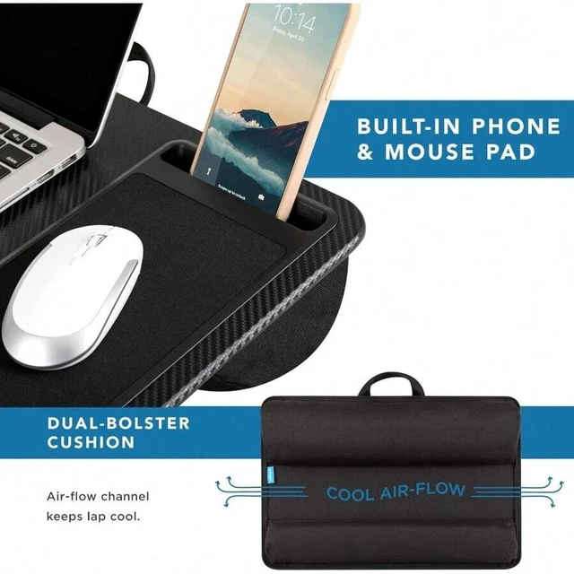 Alt view image 5 of 6 - Bks Home Office Pro Lap Desk With Wrist Rest Mouse Pad Phone Holder Fits Up To 15.6 Inch Laptops Black Carbon