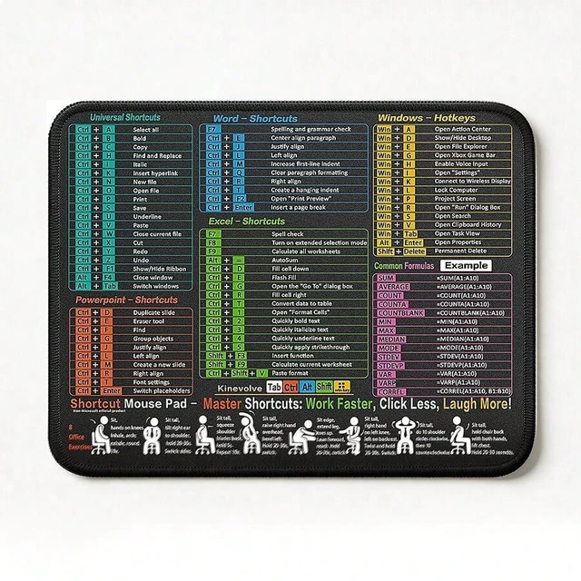 Main image of Bks Excel Shortcut Mouse Pad 11.8x9.8 Inch Waterproof Non-Slip Office Gaming Desk Mat Stitched Edges