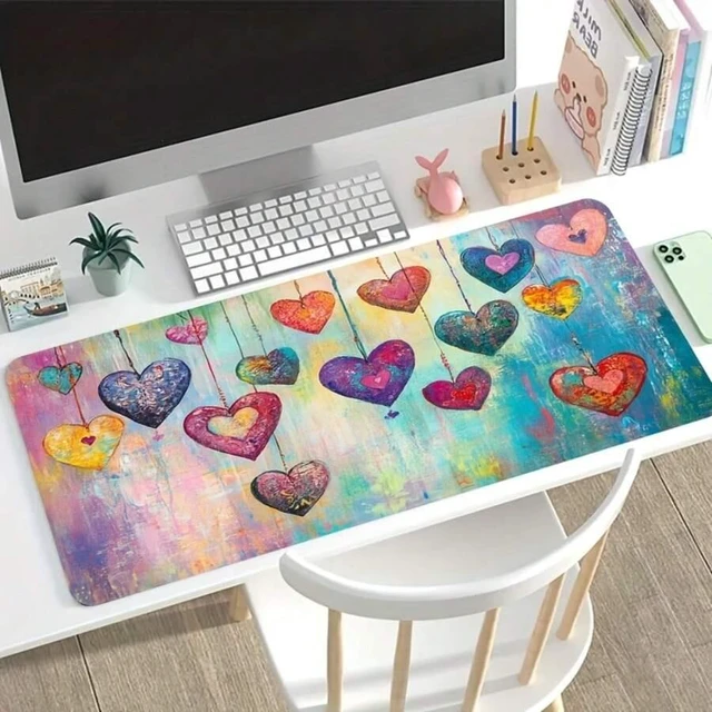 Main image of Bks 60cm x 35cm Oversized Gaming Mouse Pad with Heart Design, Non-Slip Rubber Base, Washable Polyester Surface for Office and Computer Desk