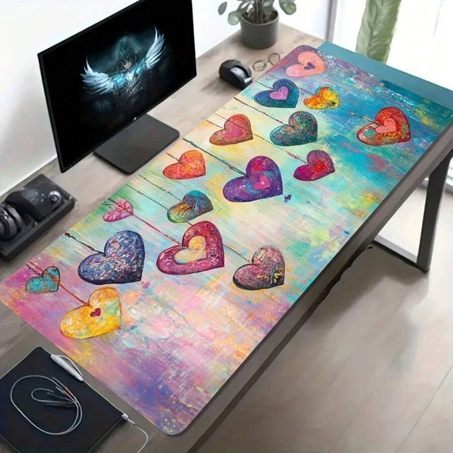 Alt view image 4 of 6 - Bks 60cm x 35cm Oversized Gaming Mouse Pad with Heart Design, Non-Slip Rubber Base, Washable Polyester Surface for Office and Computer Desk