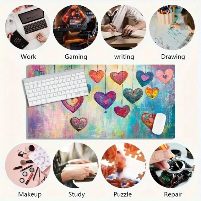 Alt view image 6 of 6 - Bks 60cm x 35cm Oversized Gaming Mouse Pad with Heart Design, Non-Slip Rubber Base, Washable Polyester Surface for Office and Computer Desk