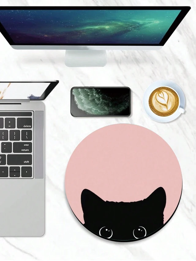 Alt view image 3 of 4 - Bks Round Mouse Pad Pink Cat Eye Pattern 20x20cm Rubber Surface Non-Slip Base Material Suitable