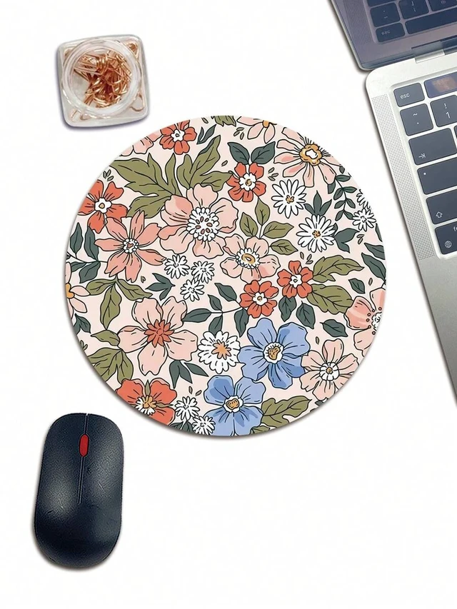 Alt view image 2 of 6 - Bks Round Red Floral Mouse Pad With Anti-Slip Rubber Base, Mini Size Compatible With Wired Wireless Mouse, Washable Gaming Desk Mat