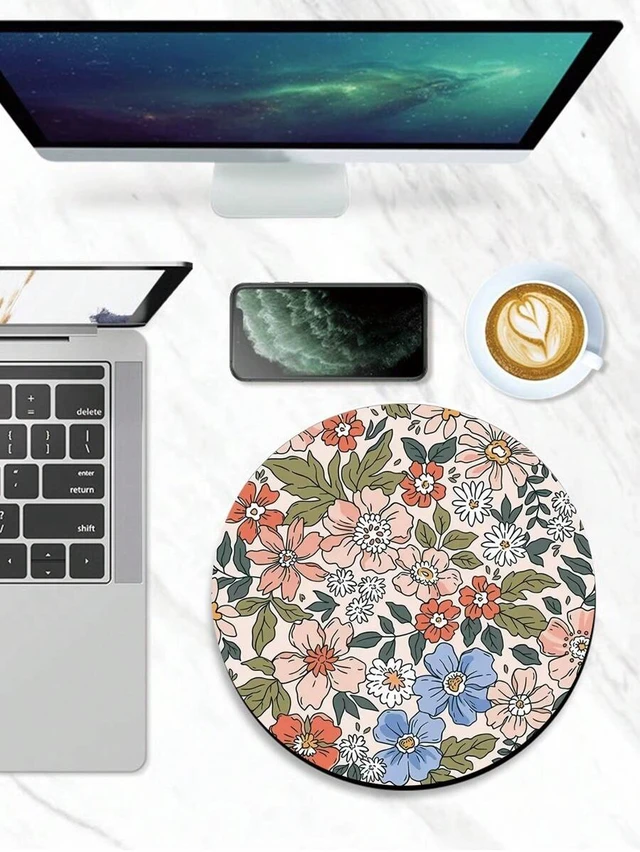 Alt view image 4 of 6 - Bks Round Red Floral Mouse Pad With Anti-Slip Rubber Base, Mini Size Compatible With Wired Wireless Mouse, Washable Gaming Desk Mat