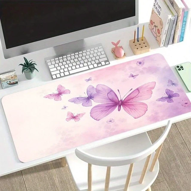 Alt view image 4 of 6 - Bks 60cm*35cm*3mm Large Gaming Mouse Pad Oversized Desk Mat Non-Slip Rubber Base Pink Purple Butterfly Design