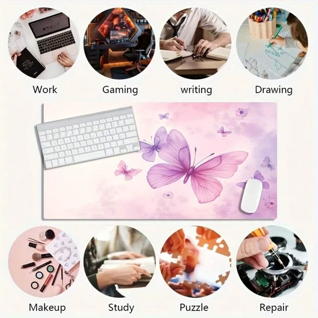 Alt view image 6 of 6 - Bks 60cm*35cm*3mm Large Gaming Mouse Pad Oversized Desk Mat Non-Slip Rubber Base Pink Purple Butterfly Design