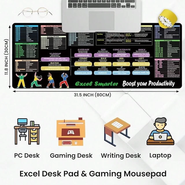 Alt view image 3 of 7 - Bks Excel Cheat Sheet Desk Pad XL, Large Mouse Mat with Keyboard Shortcuts, Non-Slip Stitched Edges for Office Gaming