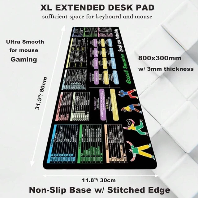 Alt view image 4 of 7 - Bks Excel Cheat Sheet Desk Pad XL, Large Mouse Mat with Keyboard Shortcuts, Non-Slip Stitched Edges for Office Gaming