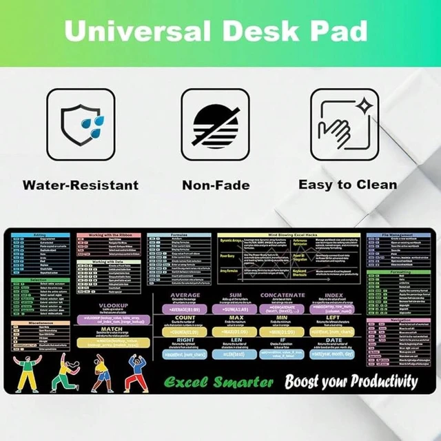 Alt view image 5 of 7 - Bks Excel Cheat Sheet Desk Pad XL, Large Mouse Mat with Keyboard Shortcuts, Non-Slip Stitched Edges for Office Gaming