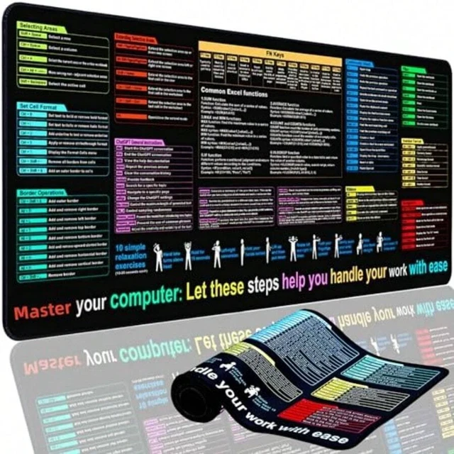 Main image of Bks XL Excel Cheat Sheet Desk Pad Mat 11.8x31.5in Comprehensive Formulas Keyboard Shortcuts Reference Mouse Pad Waterproof Surface NonSlip Base For Office Productivity And Gaming Efficiency
