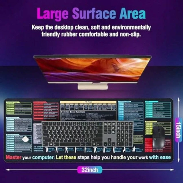 Alt view image 2 of 7 - Bks XL Excel Cheat Sheet Desk Pad Mat 11.8x31.5in Comprehensive Formulas Keyboard Shortcuts Reference Mouse Pad Waterproof Surface NonSlip Base For Office Productivity And Gaming Efficiency