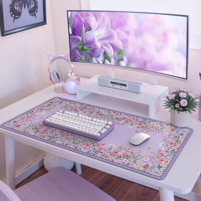 Alt view image 6 of 6 - Bks Large Floral Desk Mat For Keyboard And Mouse, Anti-Slip Computer Pad For Home Office Gaming (Purple)
